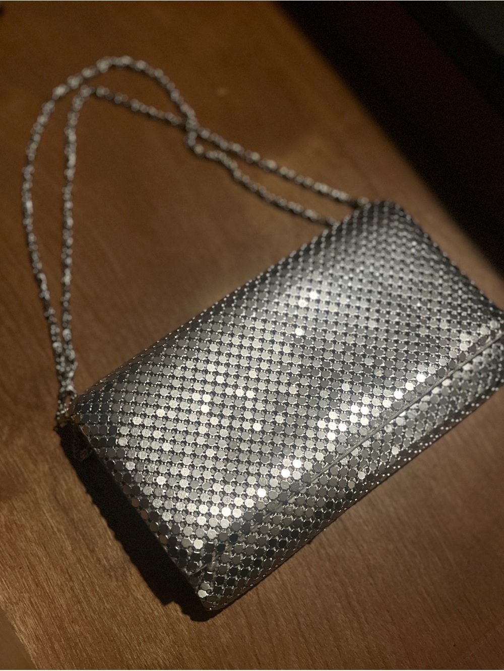 Jessica McClintock Silver Metal Mesh Evening Bag Clutch Chain Strap Chainmail